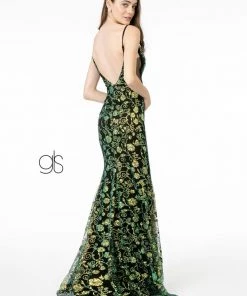 Sequin And Glitter Floral Print Dress With Slit By Elizabeth K GL1811 Prom