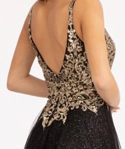 Prom Sequin Bodice A-line Slit Gown By Elizabeth K GL3020