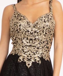 Prom Sequin Bodice A-line Slit Gown By Elizabeth K GL3020