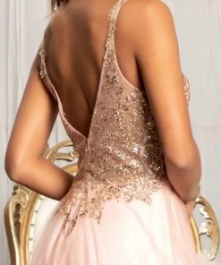 Prom Sequin Bodice A-line Slit Gown By Elizabeth K GL3020