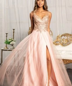 Prom Sequin Bodice A-line Slit Gown By Elizabeth K GL3020