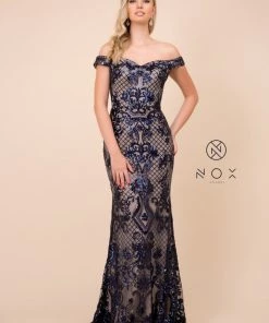 Sequin Embroidered Long Off Shoulder Dress By Nox Anabel T310