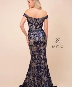 Sequin Embroidered Long Off Shoulder Dress By Nox Anabel T310