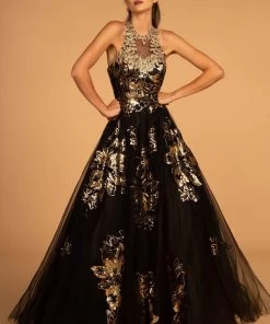 Elizabeth K Sequin Floral Print Halter Evening Dress By GLS Gloria GL2655 Prom