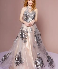 Elizabeth K Sequin Floral Print Halter Evening Dress By GLS Gloria GL2655 Prom