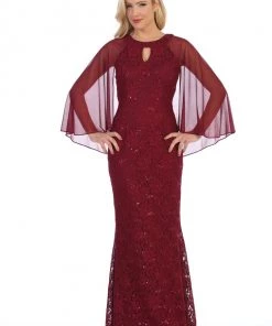 Sequin Lace Long Cape Dress With Flutter Sleeves By Celavie 6352-L