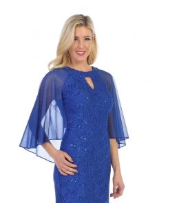 Sequin Lace Long Cape Dress With Flutter Sleeves By Celavie 6352-L