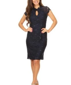 Sequin Lace Short Cap Sleeve Dress By Celavie 6326