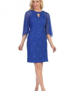Sequin Lace Short Cape Dress With Flutter Sleeves By Celavie 6352-S