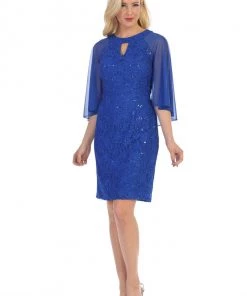 Sequin Lace Short Cape Dress With Flutter Sleeves By Celavie 6352-S