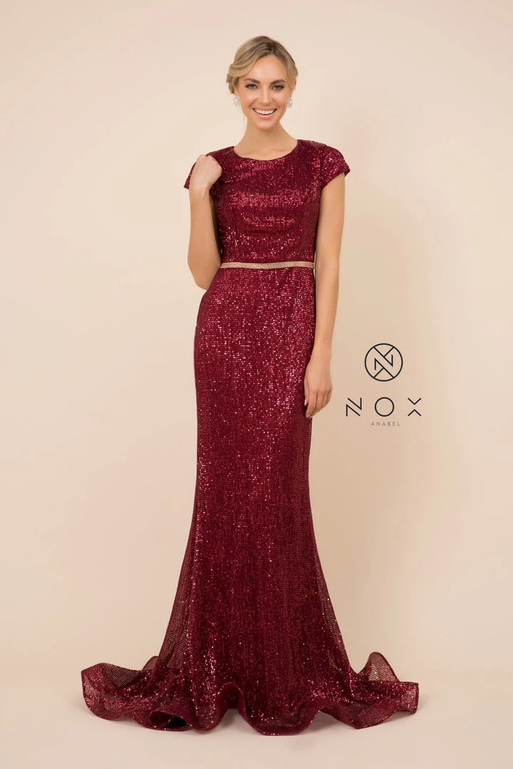 Prom Sequin Mermaid Gown With Short Sleeves By Nox Anabel F338 5 Prom Sequin Mermaid Gown With Short Sleeves By Nox Anabel F338