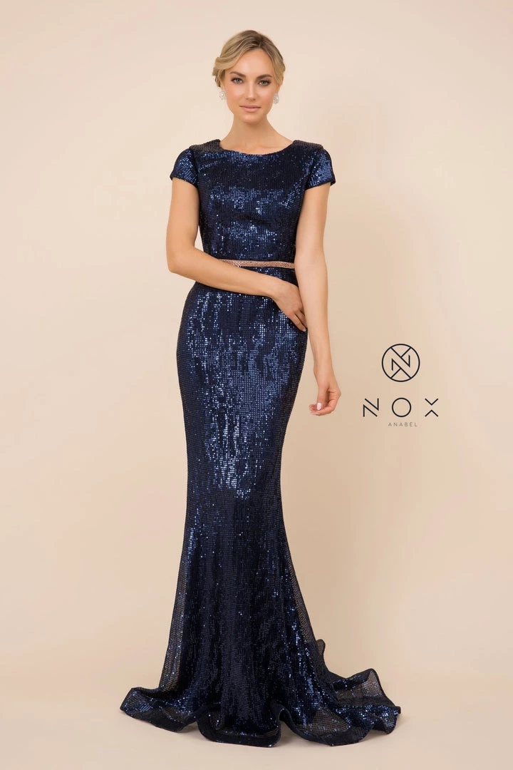 Prom Sequin Mermaid Gown With Short Sleeves By Nox Anabel F338 3 Prom Sequin Mermaid Gown With Short Sleeves By Nox Anabel F338