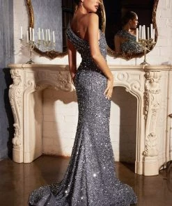 Sequin One Shoulder Gown By Cinderella Divine CD980