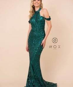 Prom Sequin Print Cold Shoulder Mermaid Dress By Nox Anabel E377