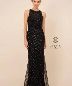 Prom Sequin Print Long Fitted Sleeveless Dress By Nox Anabel H404