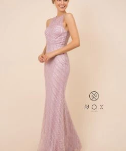 Prom Sequin Print Long Fitted Sleeveless Dress By Nox Anabel H404