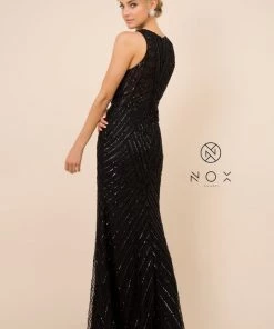 Prom Sequin Print Long Fitted Sleeveless Dress By Nox Anabel H404