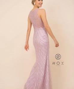 Prom Sequin Print Long Fitted Sleeveless Dress By Nox Anabel H404