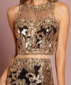 Sequin Print Long Mock Two-Piece Dress By Elizabeth K GL2272 Prom