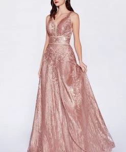 Prom Sequin Print Long V-Neck Dress By Cinderella Divine CD09