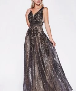 Prom Sequin Print Long V-Neck Dress By Cinderella Divine CD09