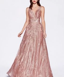 Prom Sequin Print Long V-Neck Dress By Cinderella Divine CD09
