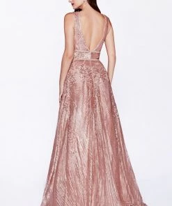 Prom Sequin Print Long V-Neck Dress By Cinderella Divine CD09