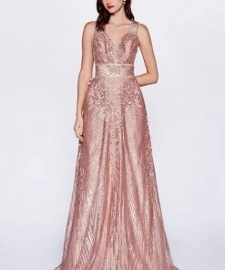 Prom Sequin Print Long V-Neck Dress By Cinderella Divine CD09