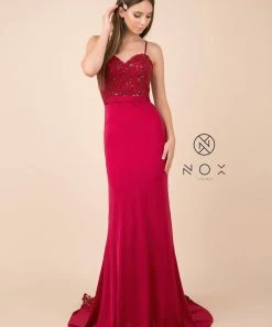 Sequined Lace Trumpet Dress With Sheer Train By Nox Anabel E276 Prom