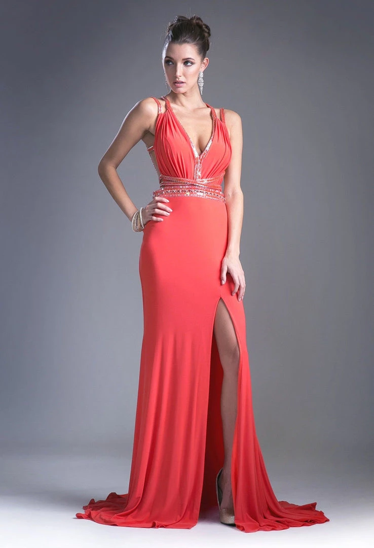 Fitted V-Neck Dress With Slit By Cinderella Divine CA302 Prom 6 Fitted V-Neck Dress With Slit By Cinderella Divine CA302 Prom