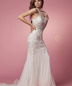 Sheer Lace Applique High Neck Dress By Nox Anabel W901 17 Sheer Lace Applique High Neck Dress By Nox Anabel W901