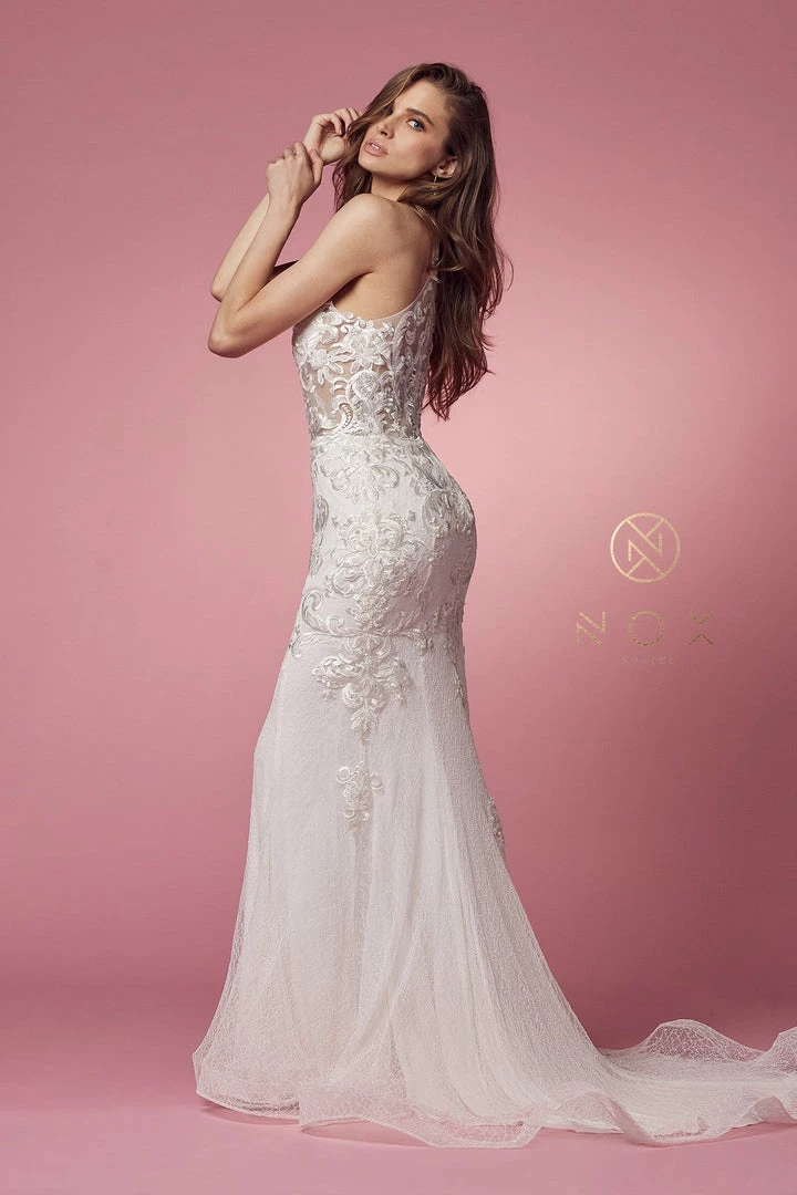 Sheer Lace Applique High Neck Dress By Nox Anabel W901 5 Sheer Lace Applique High Neck Dress By Nox Anabel W901