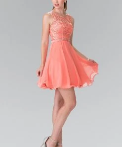 Short Lace Bodice Chiffon Dress By Elizabeth K GS2314 Prom