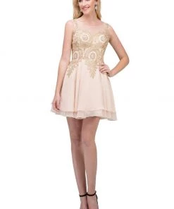 Prom Short A-line Dress With Gold Lace Applique By Star Box 6310