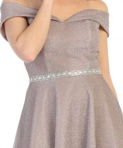 Short A-line Off Shoulder Metallic Dress By Celavie 6506S Prom