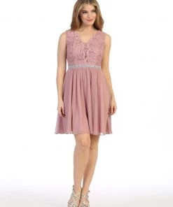 Short A-line Sleeveless Dress With Lace Bodice By Celavie 6467S Prom