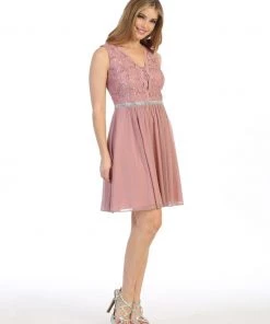 Short A-line Sleeveless Dress With Lace Bodice By Celavie 6467S Prom