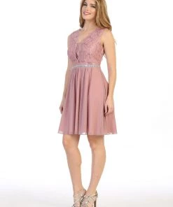 Short A-line Sleeveless Dress With Lace Bodice By Celavie 6467S Prom