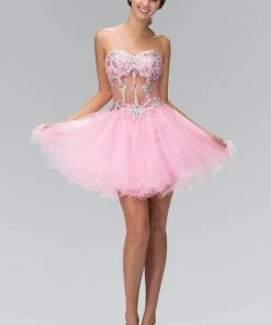 Short Beaded Dress With Sheer Waistline By Elizabeth K GS1106 Prom