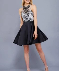 Short Black Dress With Beaded Illusion Top By Nox Anabel 6243