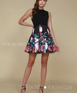Short Black Dress With Floral Print Skirt By Nox Anabel Q606