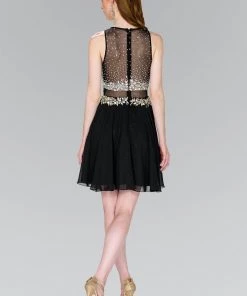 Short Black Illusion Dress With Beaded Bodice By Elizabeth K GS2401 Prom