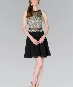 Short Black Illusion Dress With Beaded Bodice By Elizabeth K GS2401 Prom