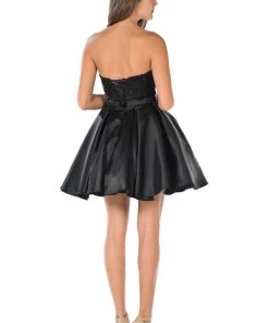 Short Black Strapless Dress With Lace Bodice By Poly USA Prom