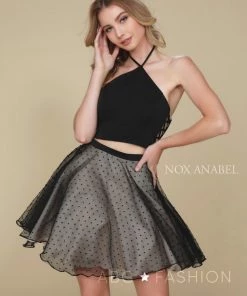 Short Black Two-Piece Dress With Polka Dot Skirt By Nox Anabel M659 11 Short Black Two-Piece Dress With Polka Dot Skirt By Nox Anabel M659