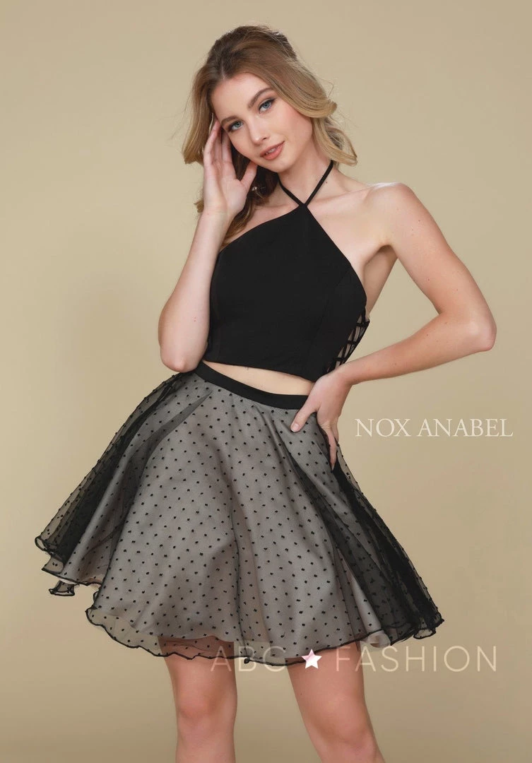 Short Black Two-Piece Dress With Polka Dot Skirt By Nox Anabel M659 6 Short Black Two-Piece Dress With Polka Dot Skirt By Nox Anabel M659