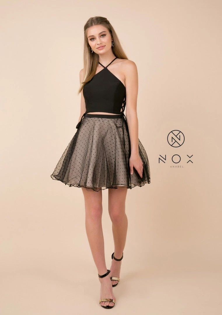 Short Black Two-Piece Dress With Polka Dot Skirt By Nox Anabel M659 3 Short Black Two-Piece Dress With Polka Dot Skirt By Nox Anabel M659