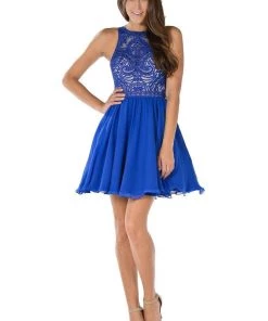 Short Blue Dress With Embroidered Bodice By Poly USA Prom