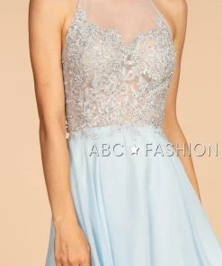 Short Blue Halter Dress With Sheer Bodice By Elizabeth K GS1613 Prom