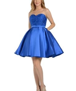 Prom Short Blue Strapless Dress With Lace Bodice By Poly USA